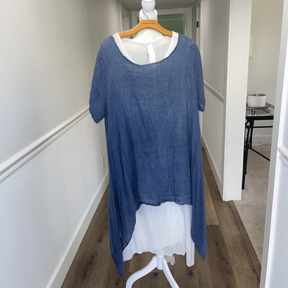 Made In Italy Sz L Linen Dress Tunic Blue Lagenlook 2 Piece Layered Travel Beach - Picture 1 of 16